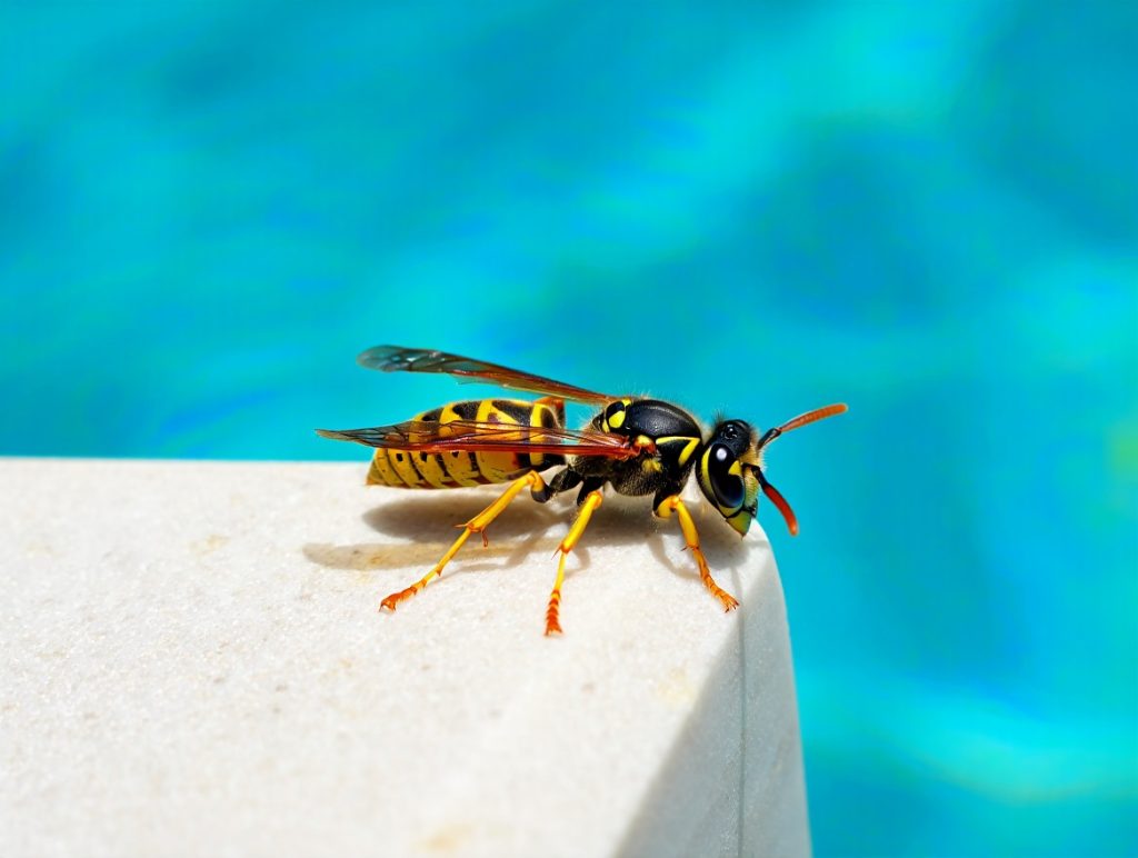 Guêpe posée sur une margelle au bord d’une piscine en été.