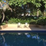 Piscine enterrée bordée d'une terrasse et d'un jardin tropical, eau calme et bleue